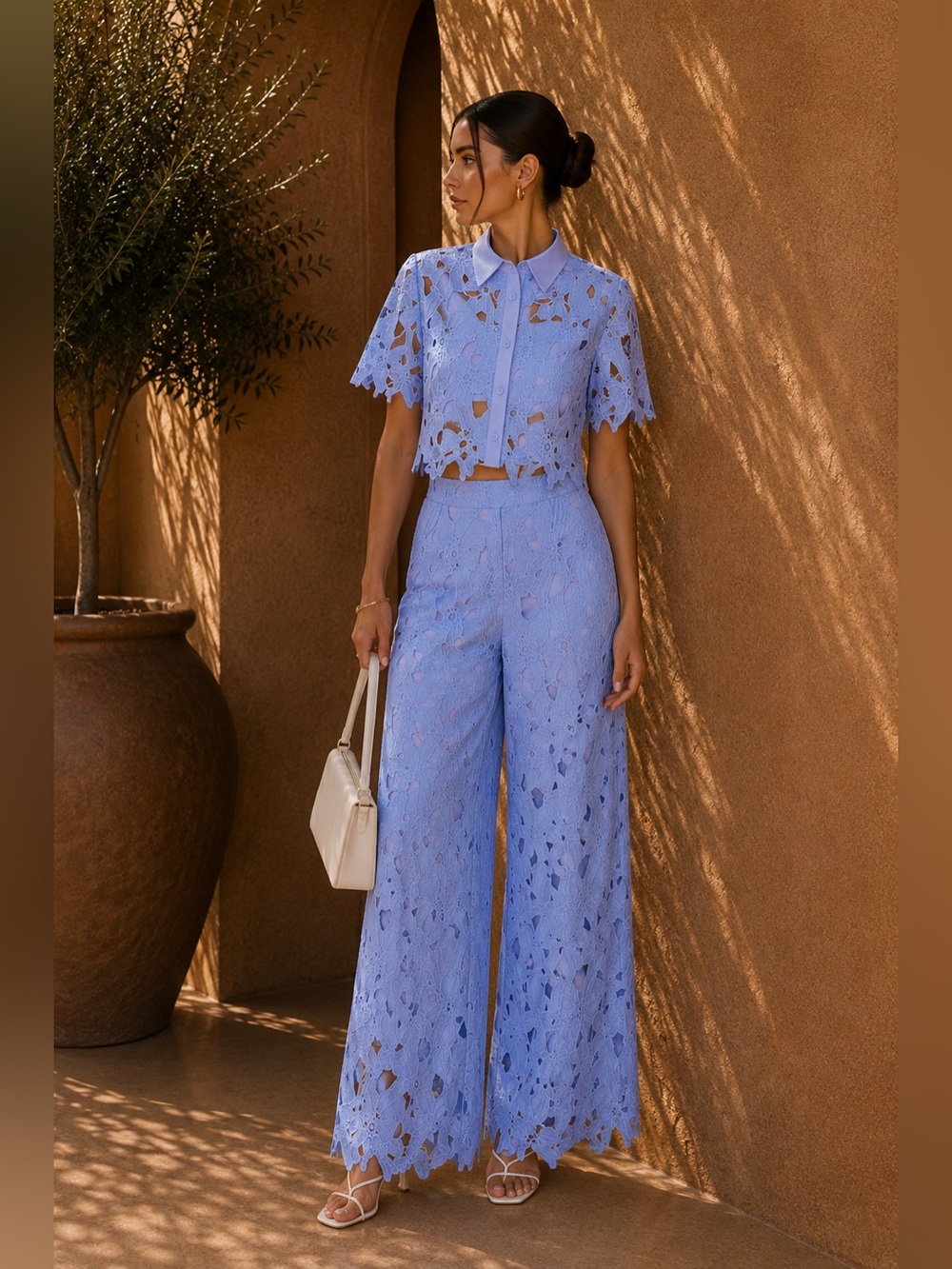 Commense Blue Cutout Lace Top & Pants Set XS | Romantic Matching Set